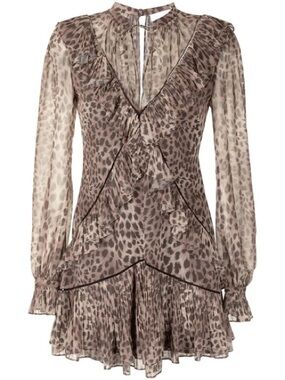 L'ATISTE Taupe Leopard Ruffle Mini Dress